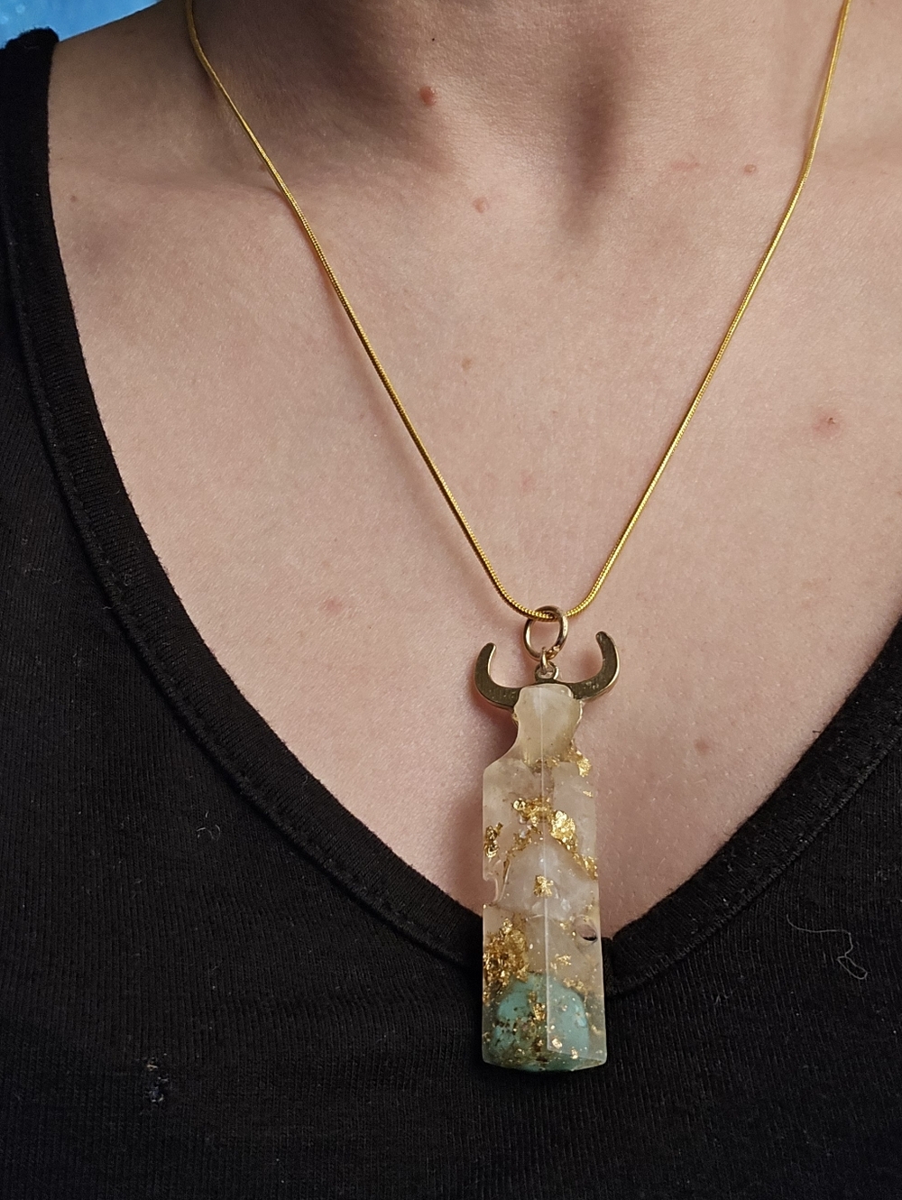 Rose Quartz & Turquoise Resin Cylinder Pendant Necklace | Gold Foil Accent | 20” - Picture 10 of 10